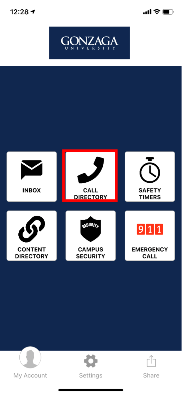Guardian app homepage with call directory highlighted