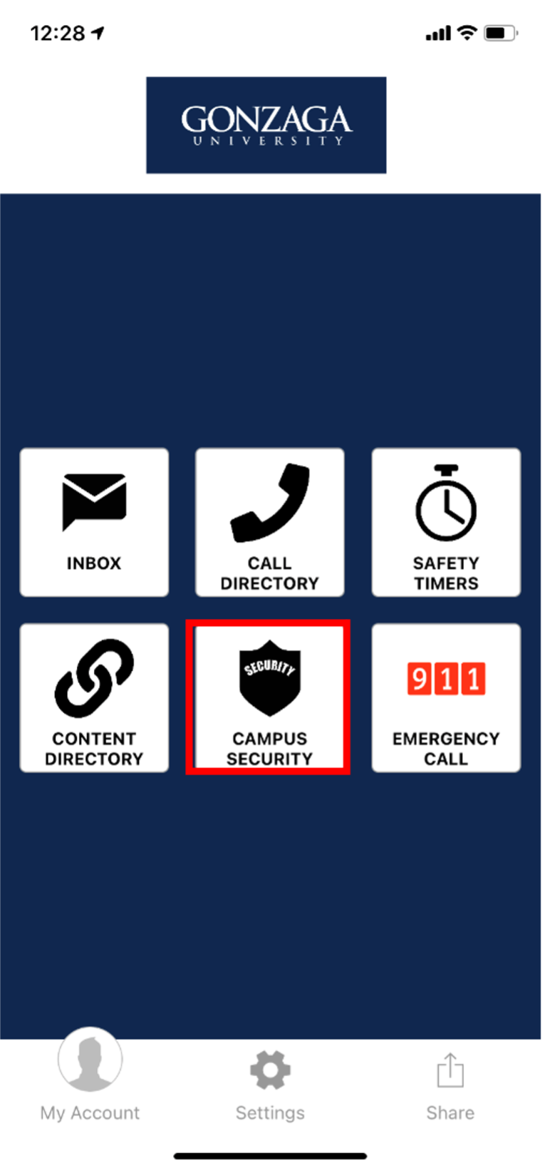 Homepage of Guardian app with campus security selected