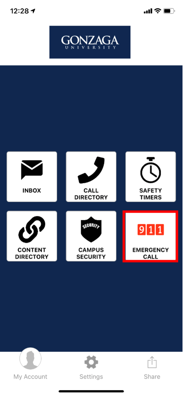 Guardian app homepage with 911 call highlighted