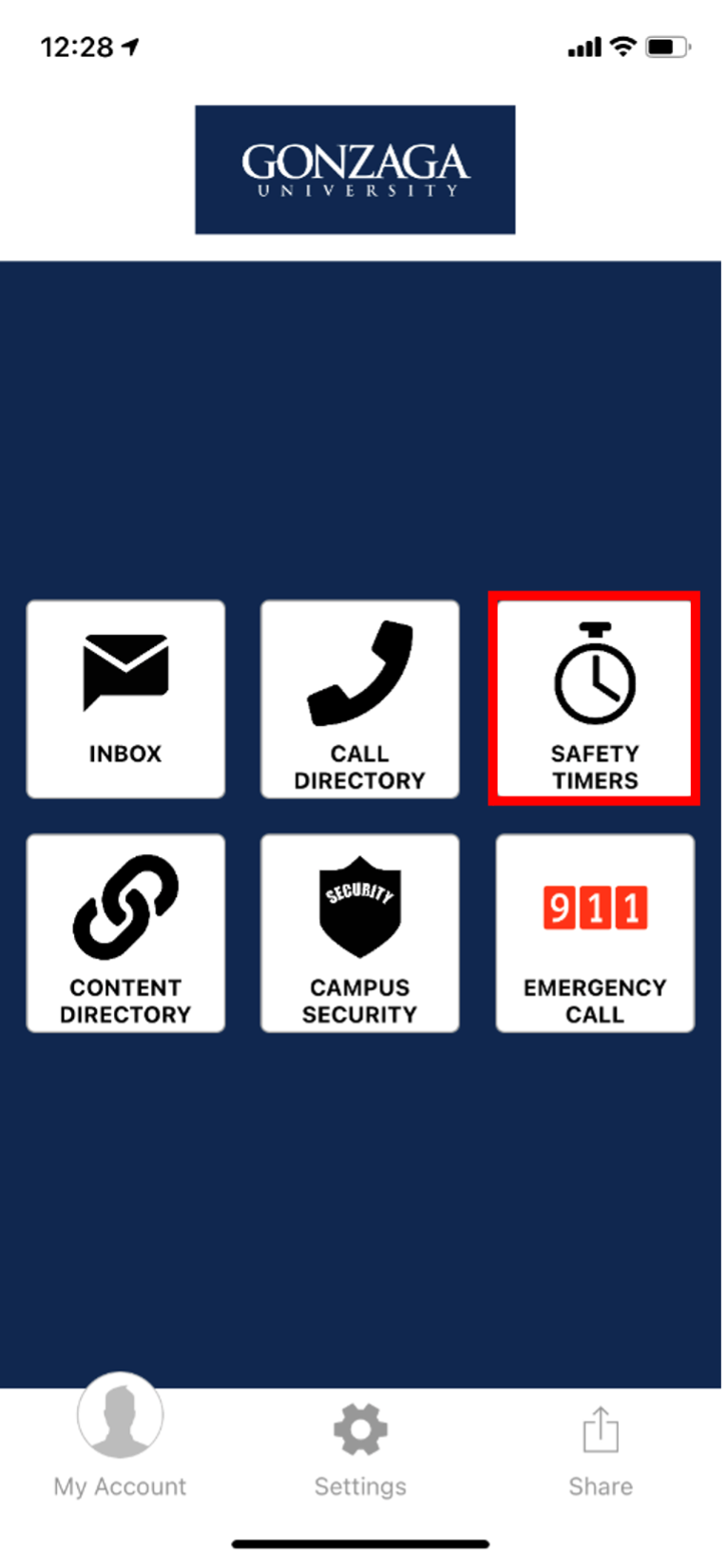 Guardian app home with safety timer highlighted