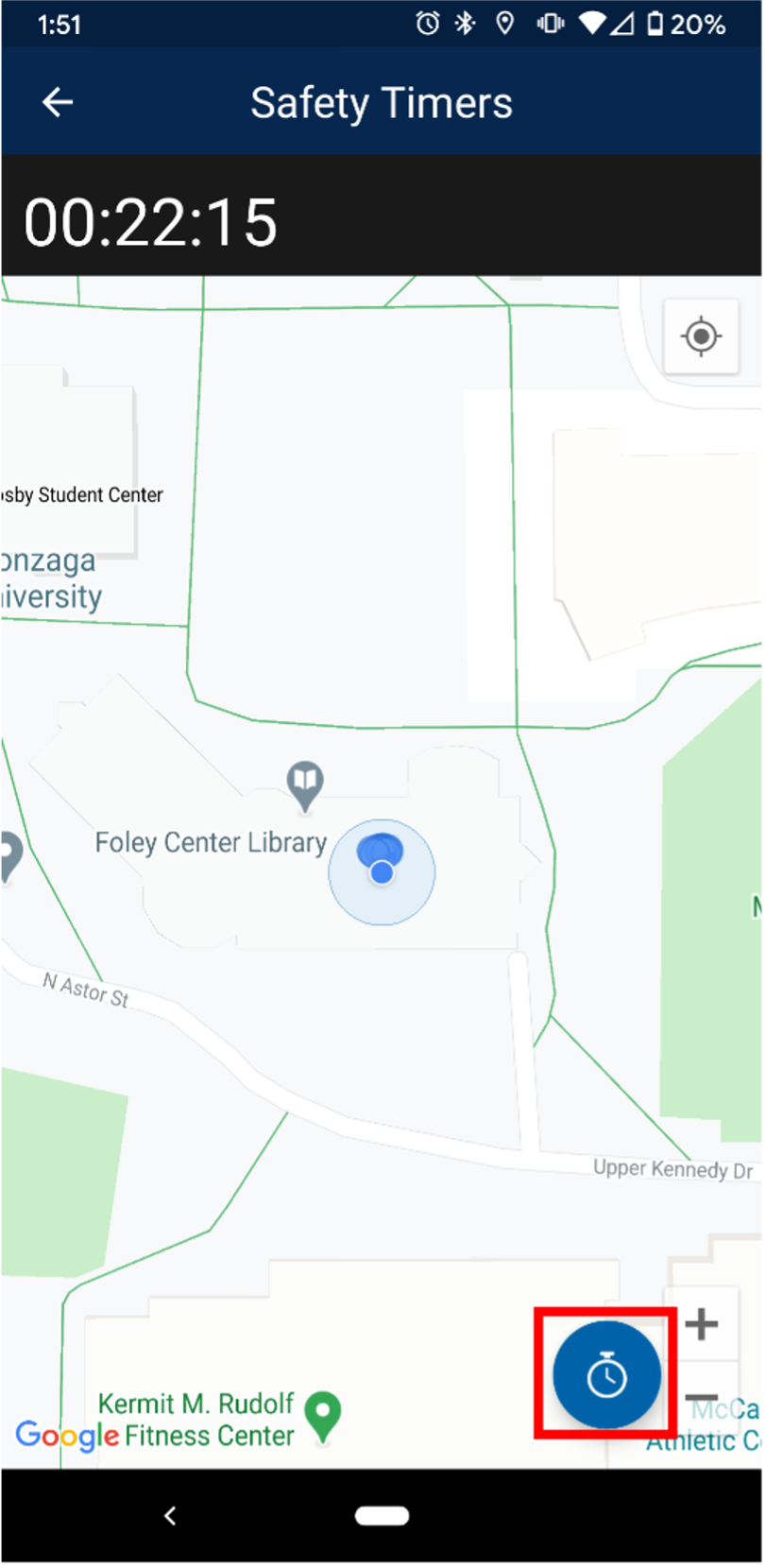 Map of current location while safety timer is activated on Guardian app