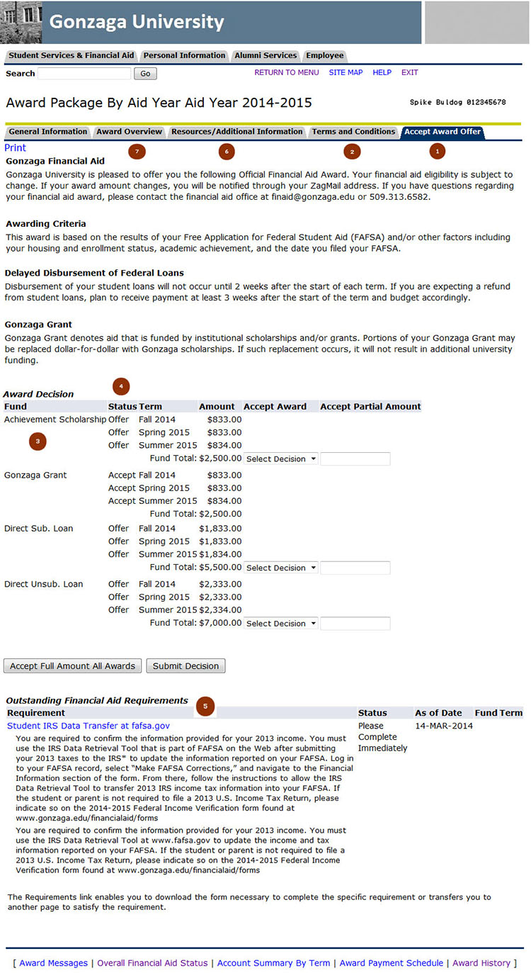 Screenshot of ZagWab Financial Aid package.