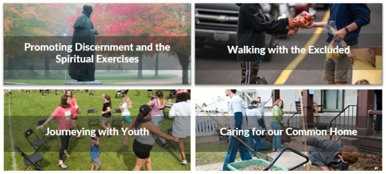 Pictures of the four apostolic virtues-Saint Ignatius, man giving boy nag of apples, children and adults playing game, people working at a house