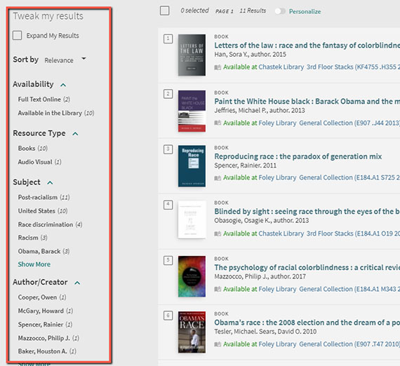 Library search results with filters on the left highlighted in red