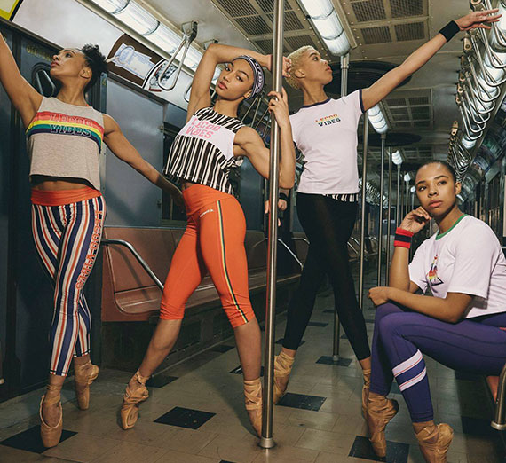 Hiplet dancers in ballet poses on subway
