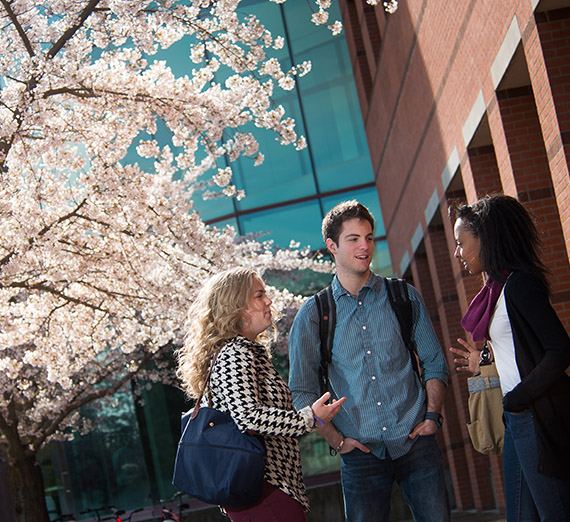 Students talking outside Foley Library