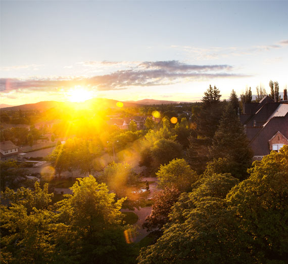drone view of campus in the morning 