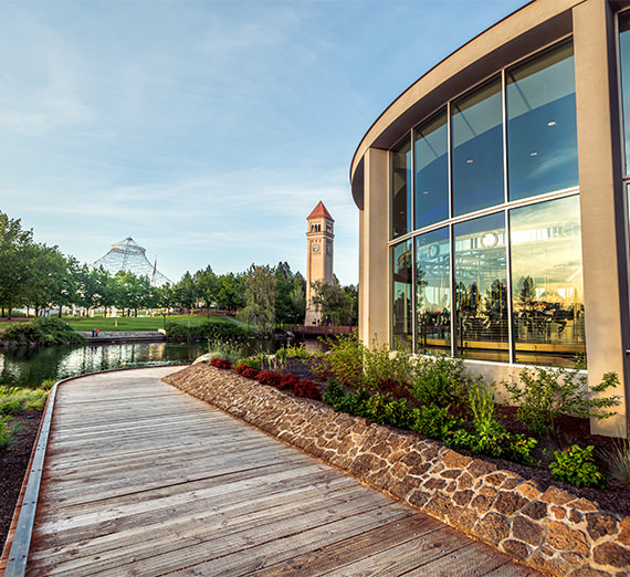 boardwalk with clocktower in distance