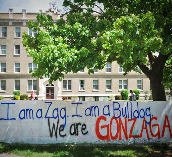 Wall art on campus that says "I am a Zag. I am a Bulldog. We are Gonzaga"