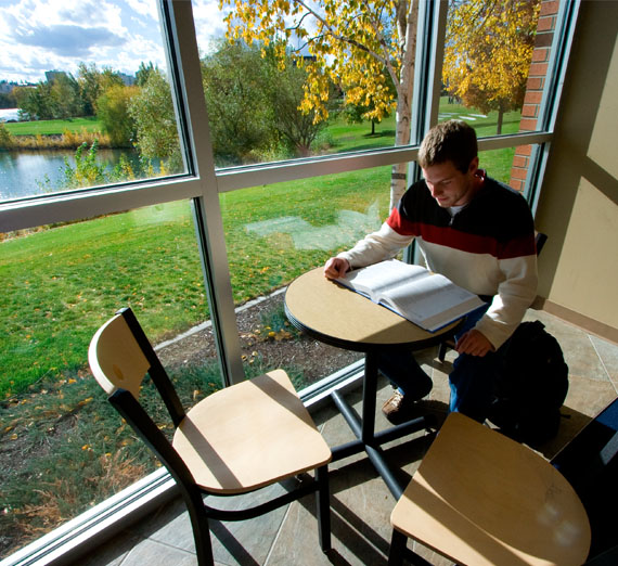Student studying in the Jepson Center lounge 
