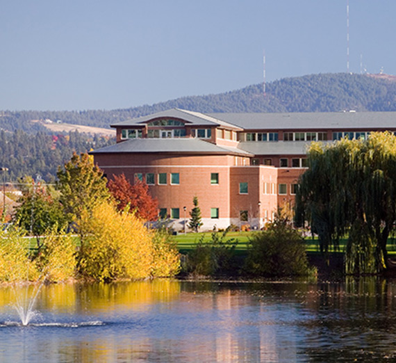 Law school in fall looking over lake