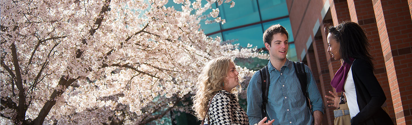 Students talking outside Foley Library.