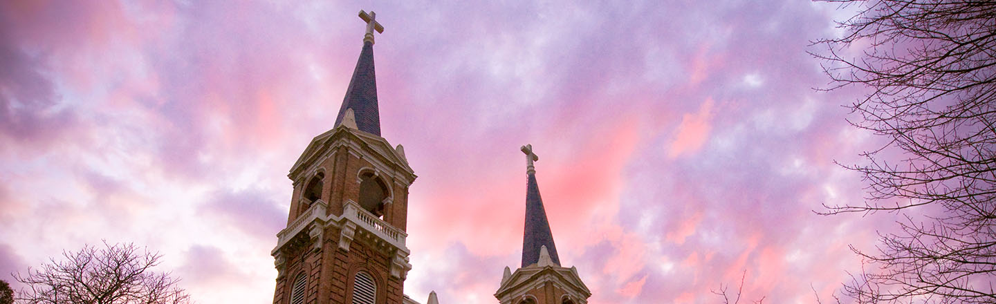 St. Als' spires at sunset.