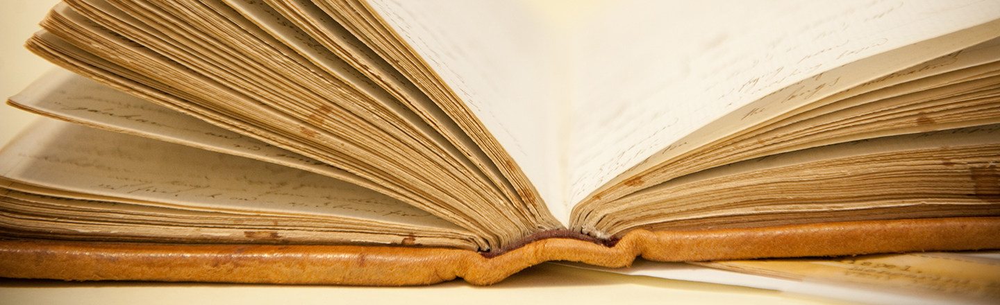 Close-up view of an open book-end.