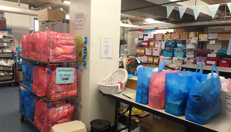 collection of donated baby supplies for hospital