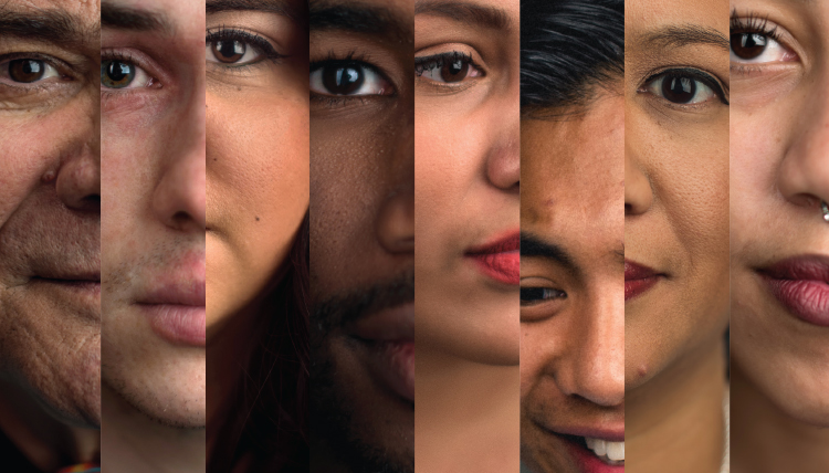 Cut images of various faces formed into a montage