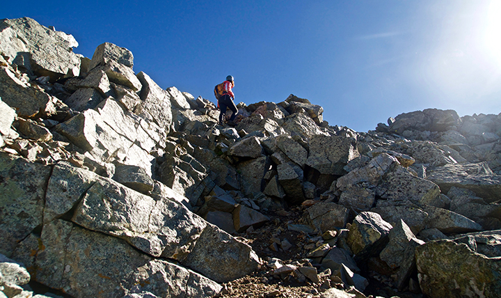 Onofrio's wife Carol approaches the top of Little Bear Peak.