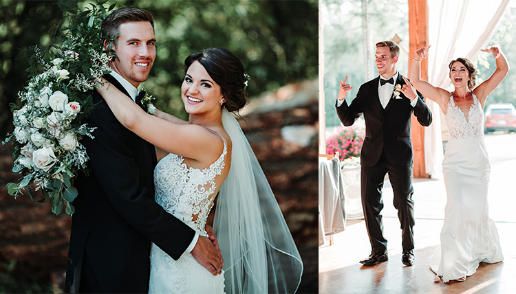 couple posed outdoors and dancing into reception