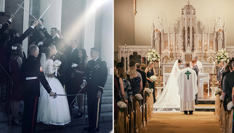 two couples in one photo, one with military salute, the other inside church