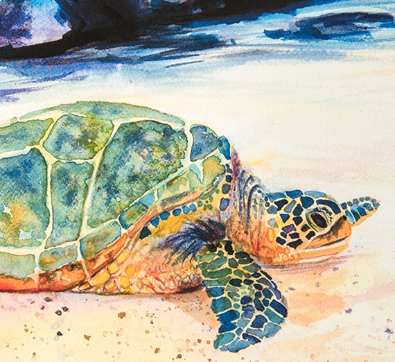 A painting of a sea turtle on the beach.