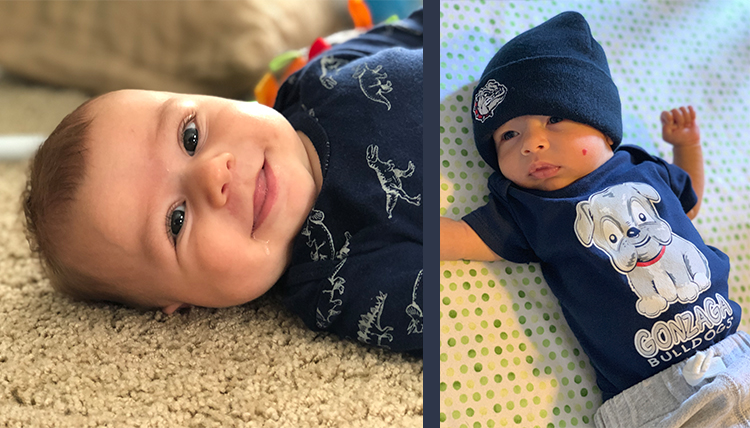 baby boy smiling next to baby boy in Zag wear