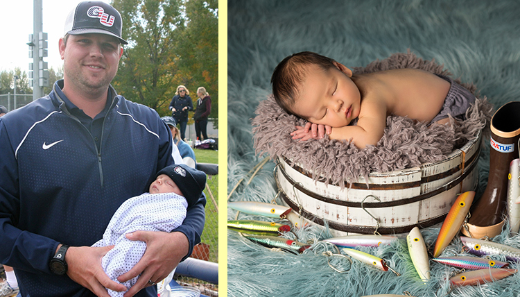 man holding baby and baby in a fishing bucket with props