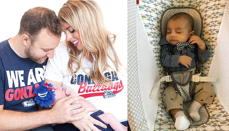 two separate photos, one of parents with baby, one of baby alone