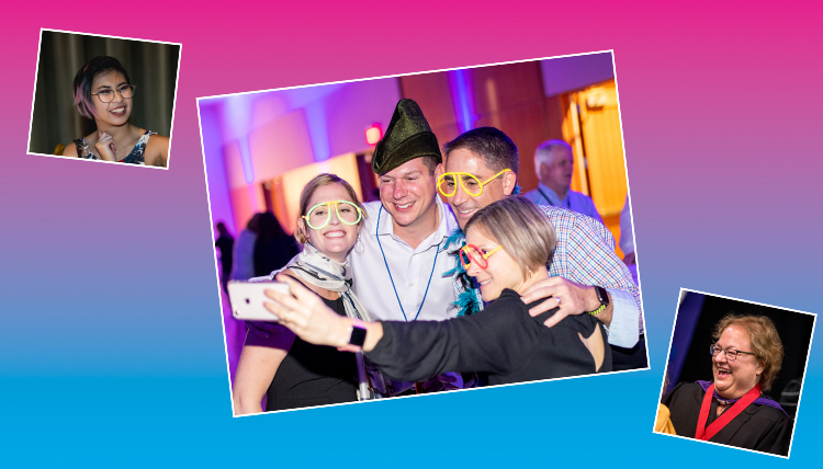 colorful background with three images of smiling people