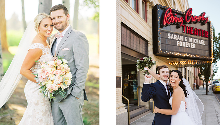 one couple photographed near trees and one couple beneath the Bing Crosby Theatre sign with their names