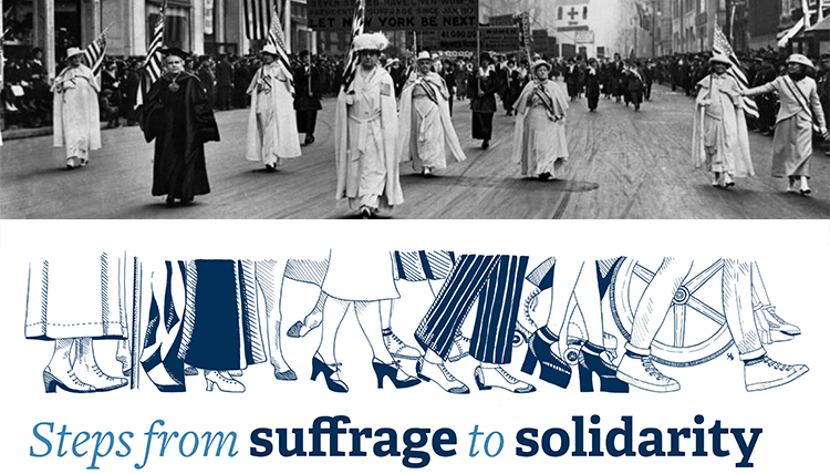 two photos, one historical march, one modern promo