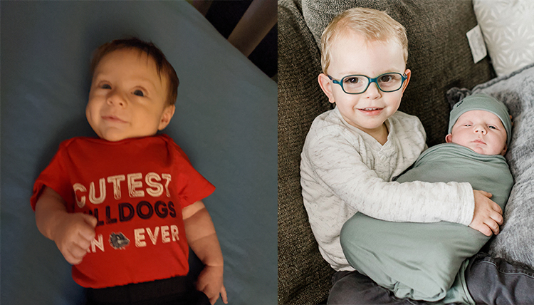 two separate photos, one individual baby and one toddler holding baby