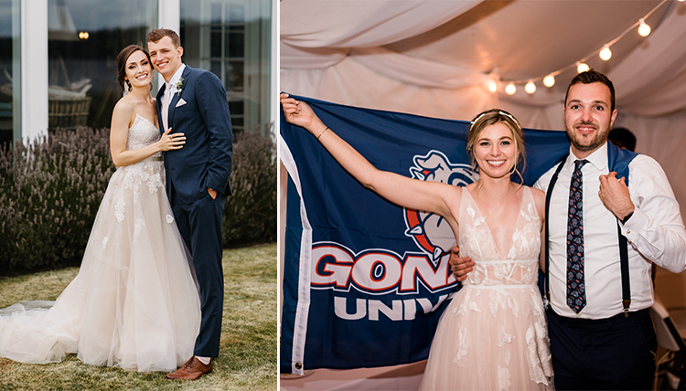 two separate photos of wedding couples