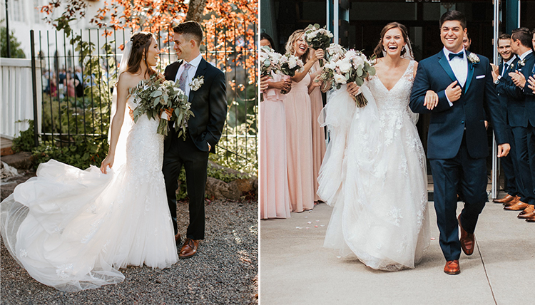 two separate photos of wedding couples