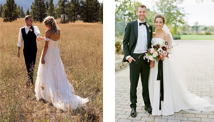 two separate photos of wedding couples