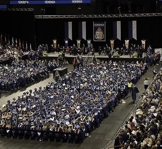 Gonzaga expects to confer a total of 2,163 undergraduate, graduate and law degrees.  (Above: GU photo of 2018 undergraduate commencement) 