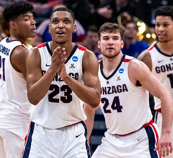 (From left) Rui Hachimura, Zach Norvell Jr., Corey Kispert and Brandon Clarke in the Zags’ 83-71 NCAA Tournament win over ninth-seeded Baylor on March 23. (GU photo by Zack Berlat)