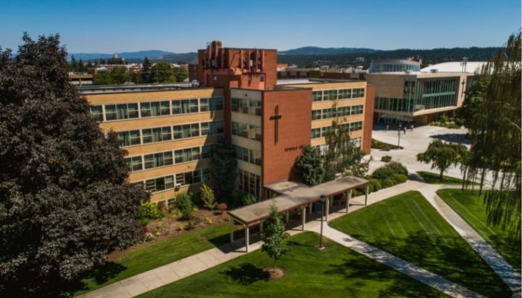 A drone shot of the front of Welch Hall, with the quad between Welch and Desmet Hall shown.