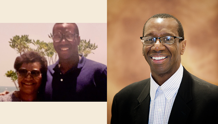 two images of Ed Taylor, one headshot and one photo with his mother