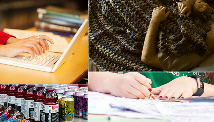 a collage of snacks, books, blanket, crayons, laptop