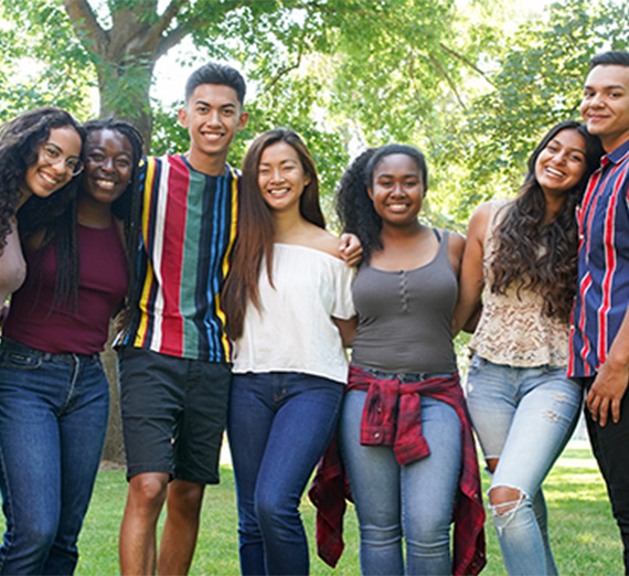 The seven Act Six students pose outside. 