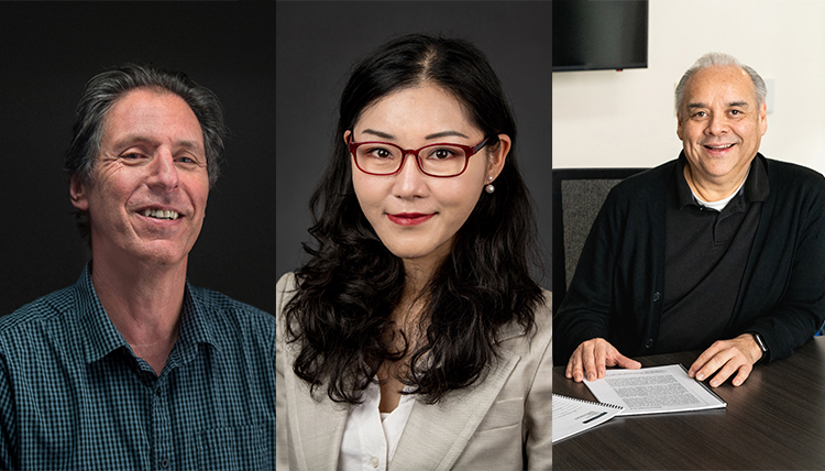 three individual headshots, 2 men, 1 woman