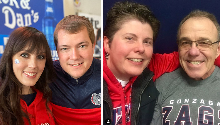 two separate images, each of one woman and one man together