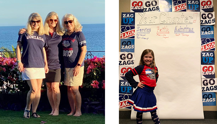 two separate photos: one of 3 women together, one of a young girl next to posters