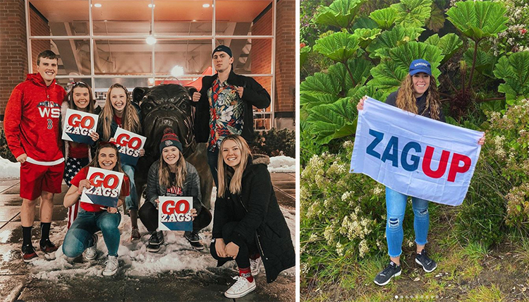 two separate photos; one group at the Bulldog statue, one student with Zap Up banner
